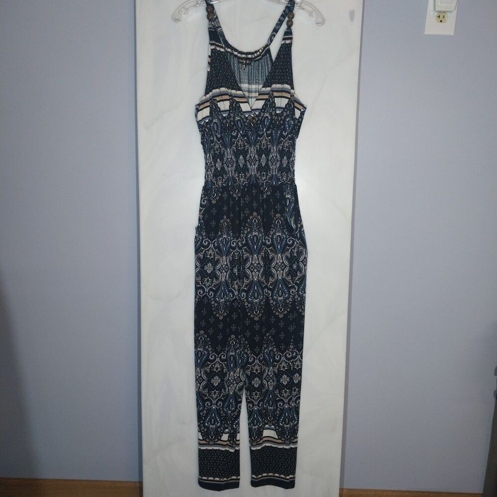 Peachy Girl Boho Babydoll Jumpsuit L/XL Black Ornate Print Smocked Empire Waist